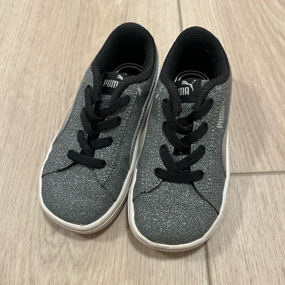 Puma Kids Sparkle Sneakers - Silver Sparkle and Black, Size 7C